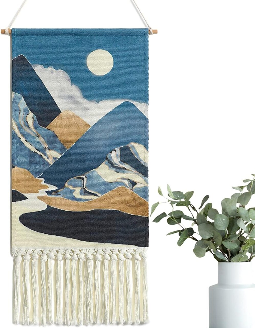 Macramé Woven Wall Hanging Tapestry – Boho Moon & Mountain Design, Blue Aztec-Inspired Wall Art for Apartment, Dorm, or Home Décor Backdrop